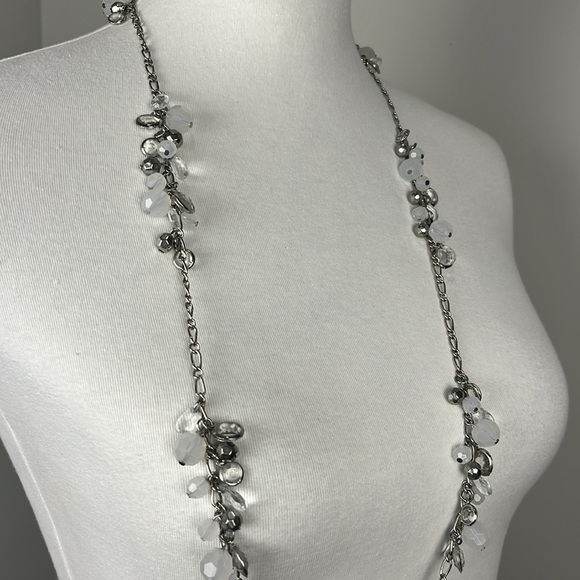 Gray Clear Silver Tone Chain Beaded Long Length Pull Over Necklace Neutral OS - Picture 2 of 12